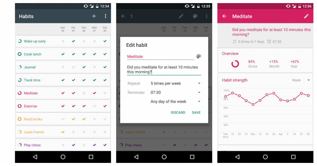 Screenshots of Loop habit tracking and time management app for Android 