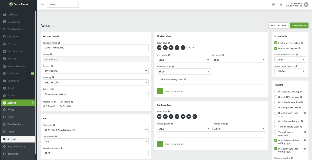 desktime account settings