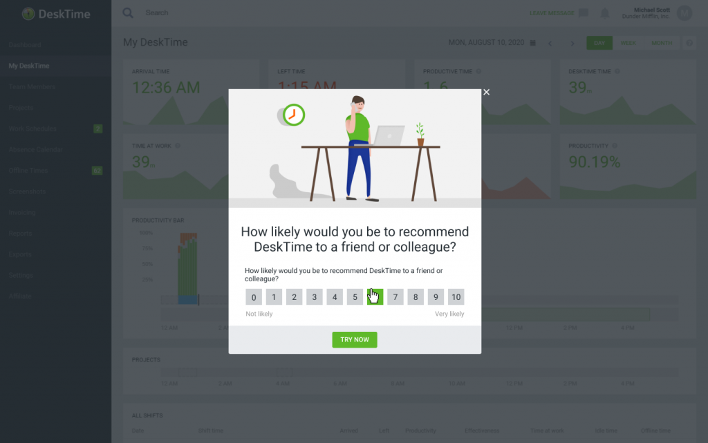 DeskTime NPS survey example