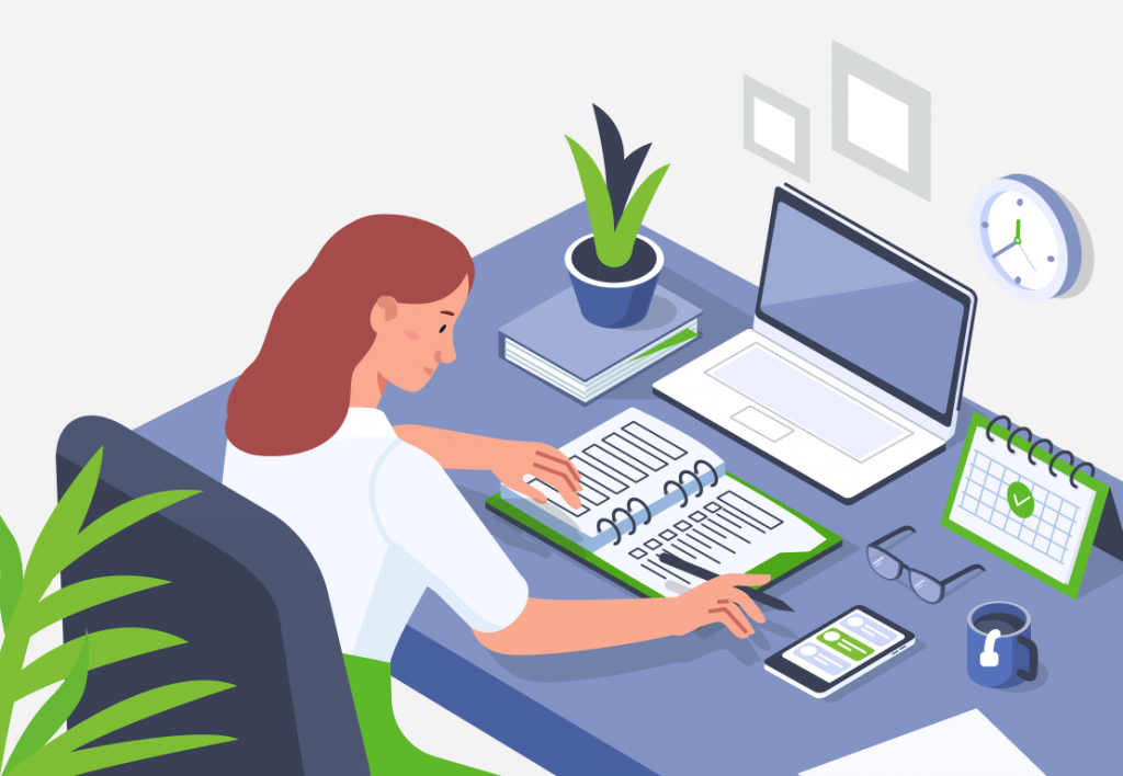 An illustration of a woman using timesheet software