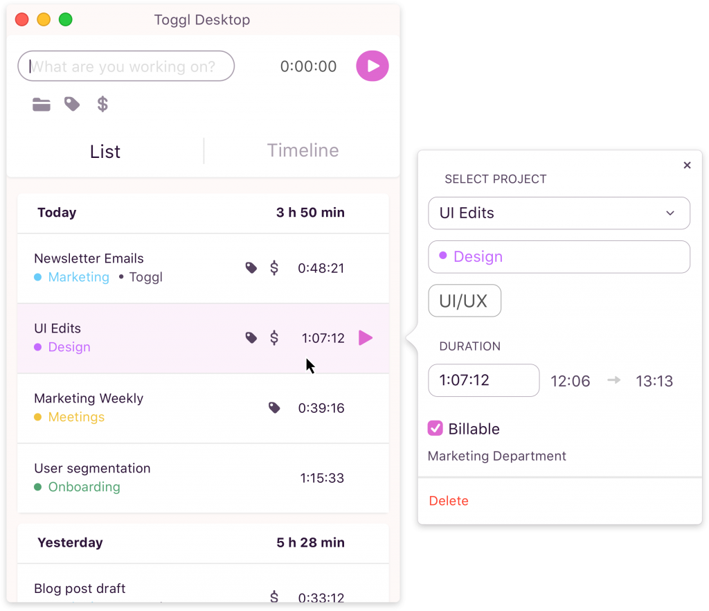 A screenshot of the Toggl Track timesheet app
