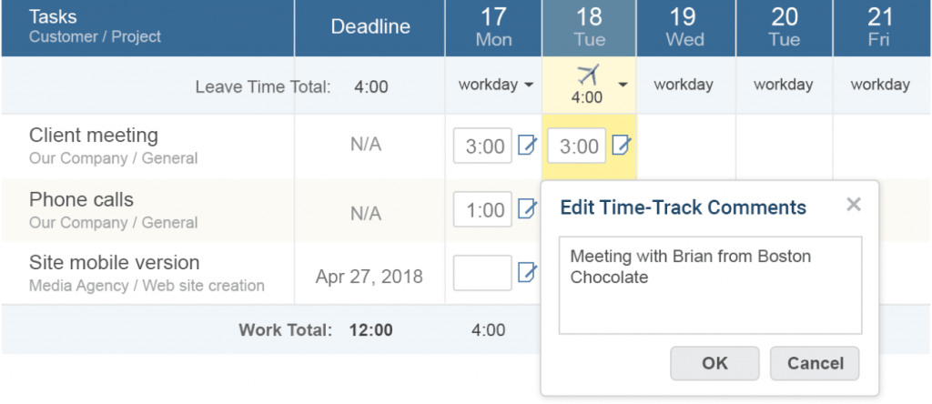 A screenshot of actiTIME timesheet software