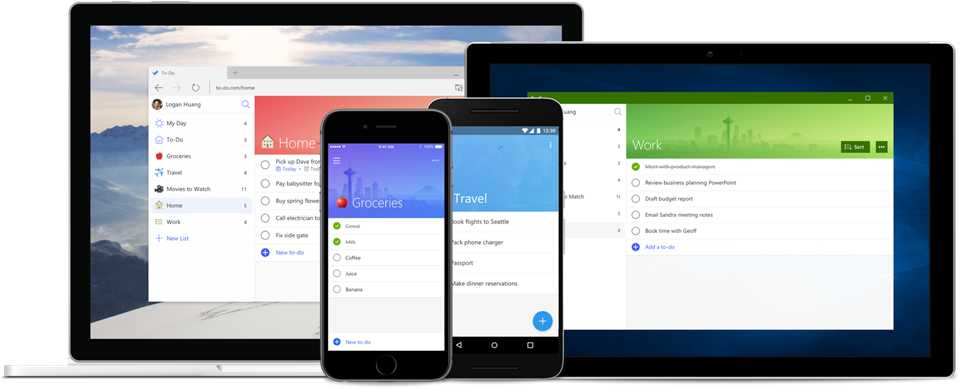 An image demonstrating the appearance of Microsoft To Do time management software on various devices
