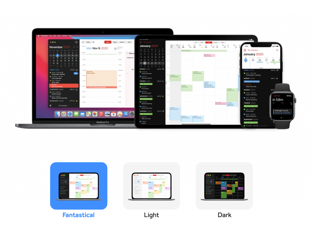 An image demonstrating the appearance of the time management app Fantastical on various devices