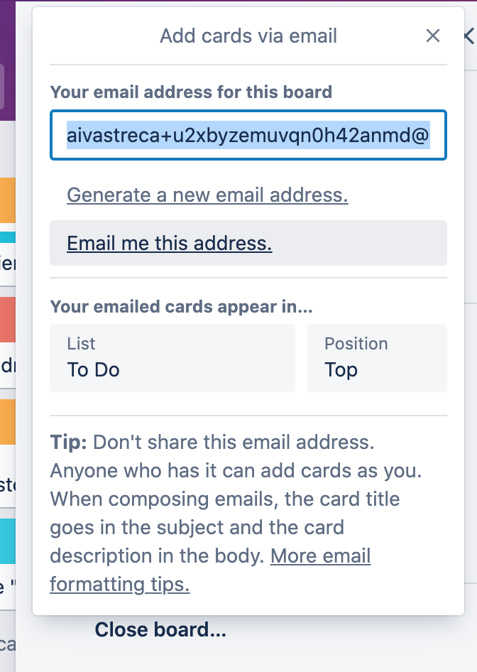 A screenshot from Trello app showing Trello emails-to-cards hack