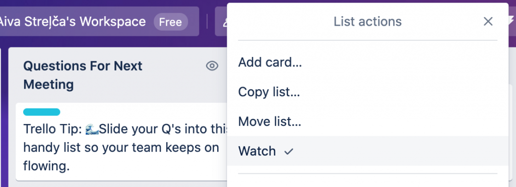 A screenshot from Trello app