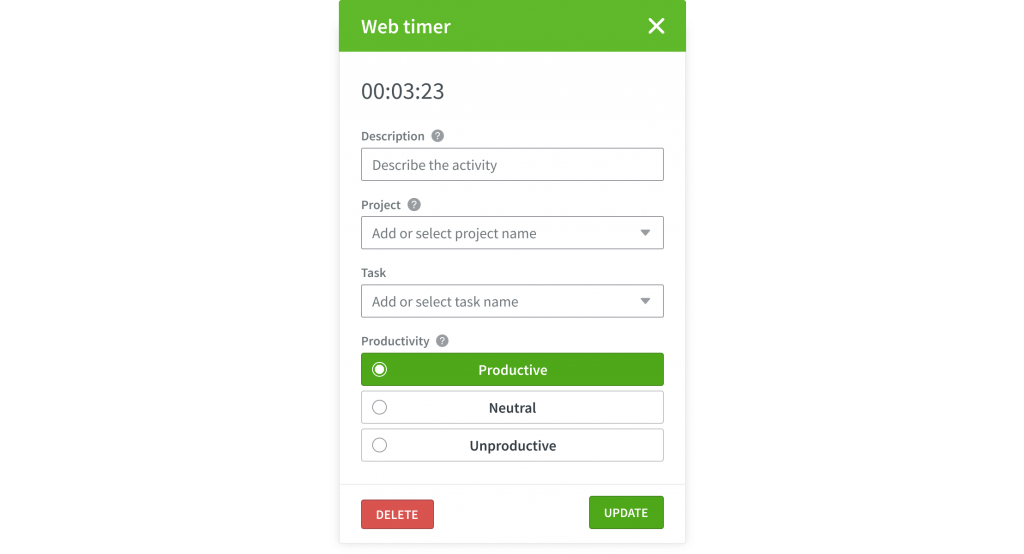 Web timer interface for web-based time tacking