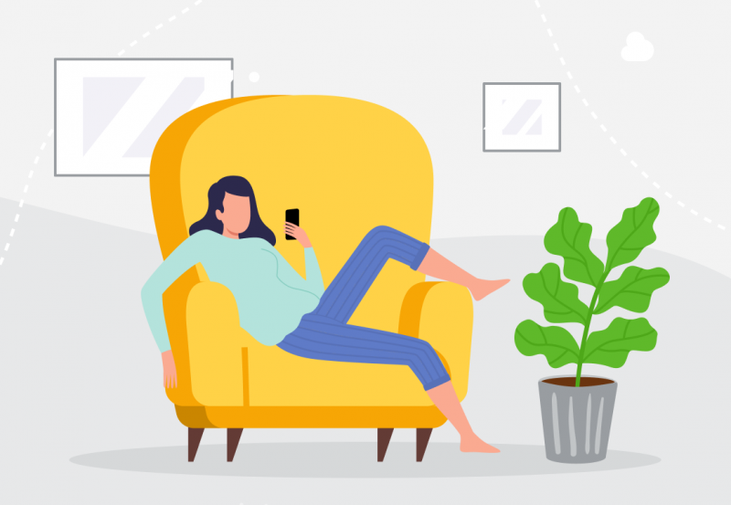 Illustration of a woman sitting on an armchair and scrolling through an unproductive app