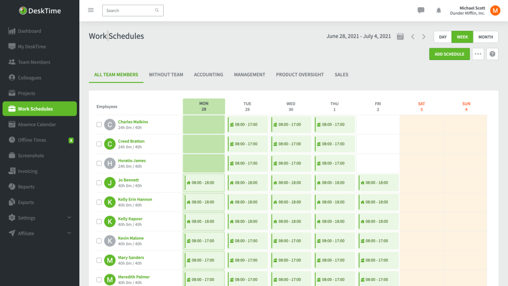 screenshot of desktime shift scheduling feature