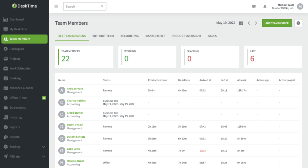 Team member section of DeskTime - the employee attendance tracker 