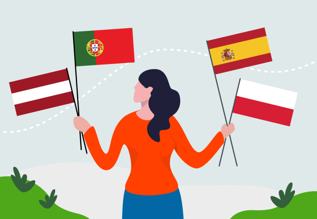 An illustration of a woman holding four flags – Latvian, Portuguese, Spanish, and Polish