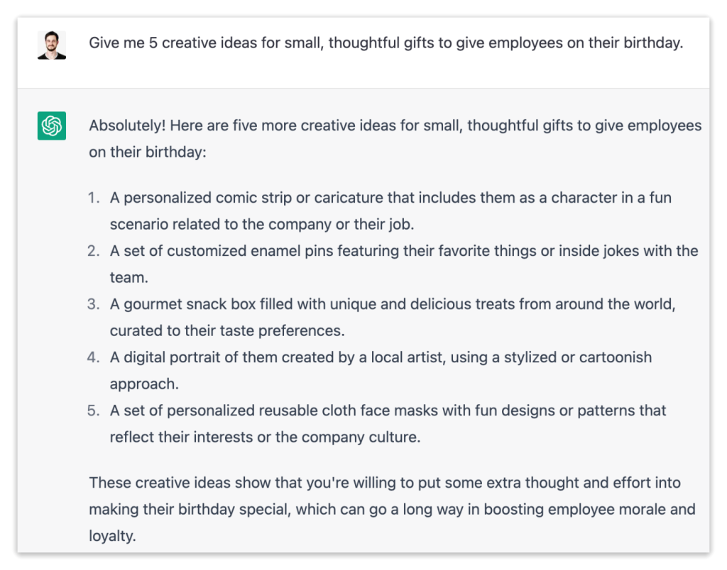 chatgpt screenshot about gift ideas