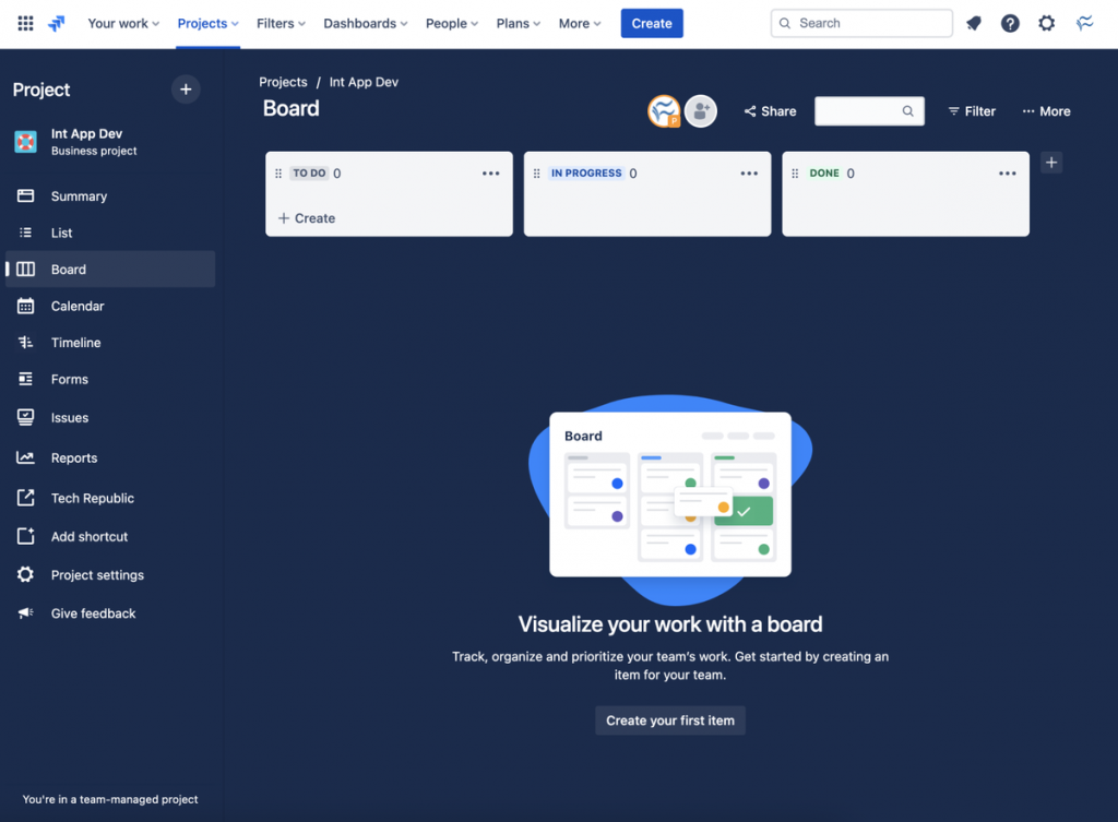 Screenshot of Jira project tracking software