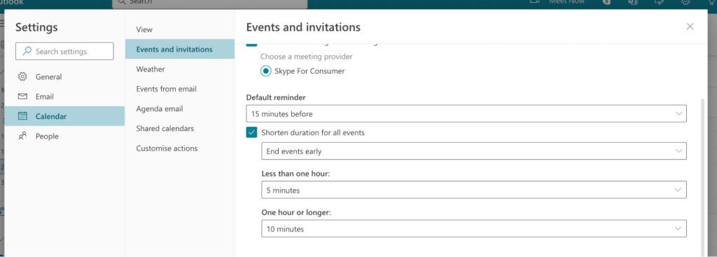 outlook calendar events and invitations settings screenshot