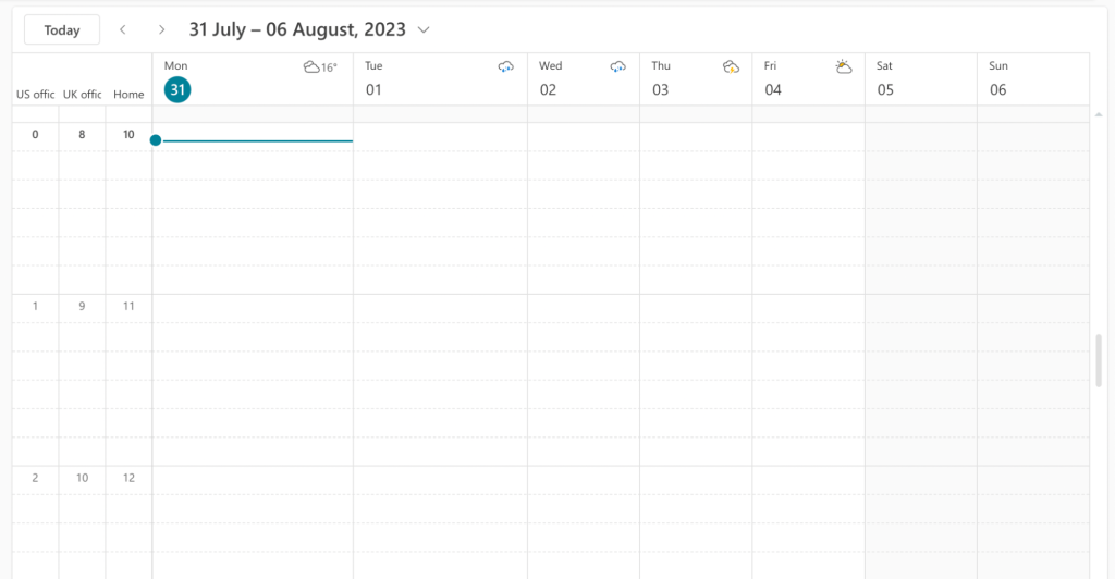 Several time zones displayed in Outlook Calendar, screenshot