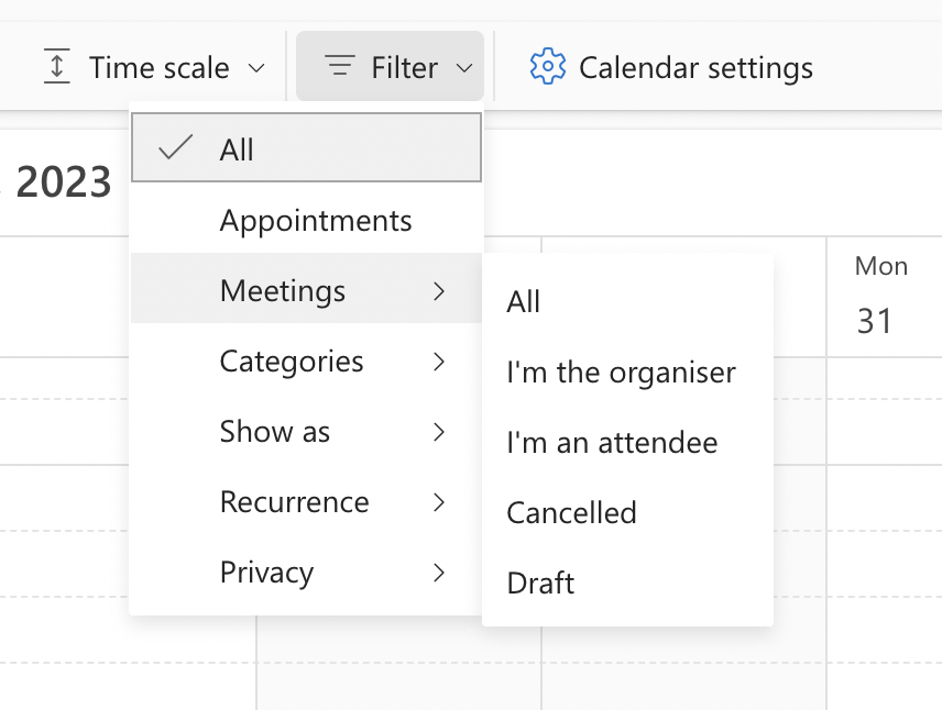 A screenshot from Outlook Calendar desktop version