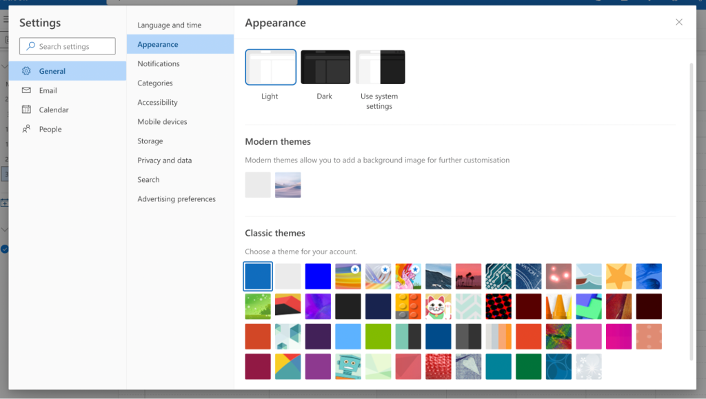 Appearance settings on Outlook Calendar, screenshot