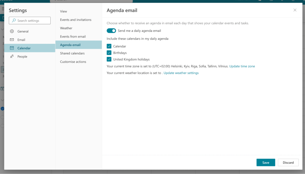 Outlook Calendar settings screenshot