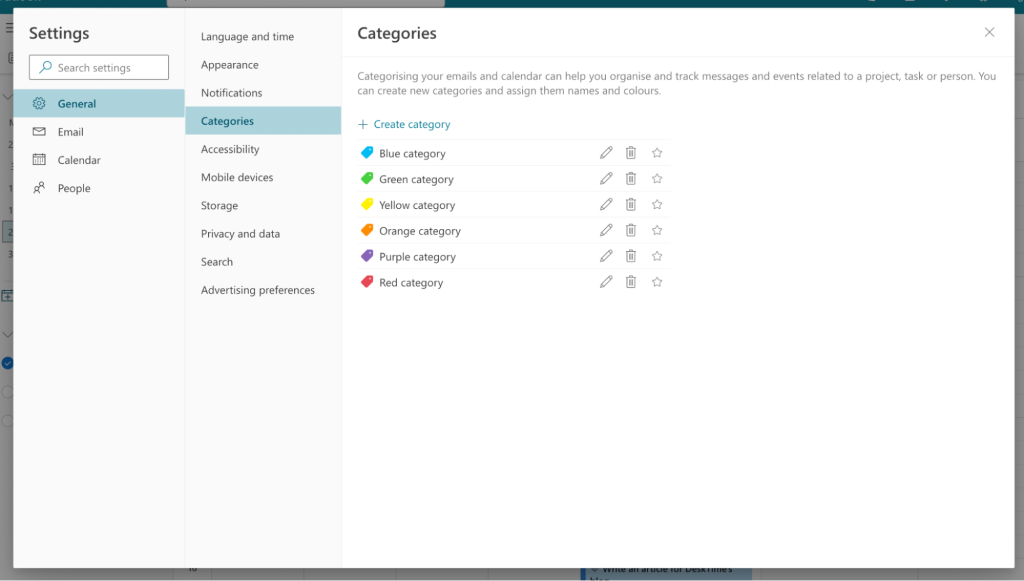 Calendar categories setting screenshot