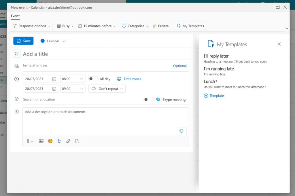 Adding event description template on Outlook Calendar, a screenshot