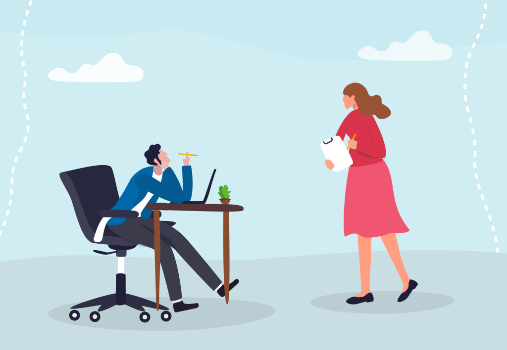 Illustration of two people talking in an office setting
