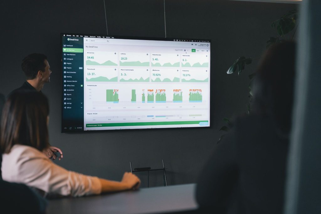 Man and woman looking at ai time tracking software