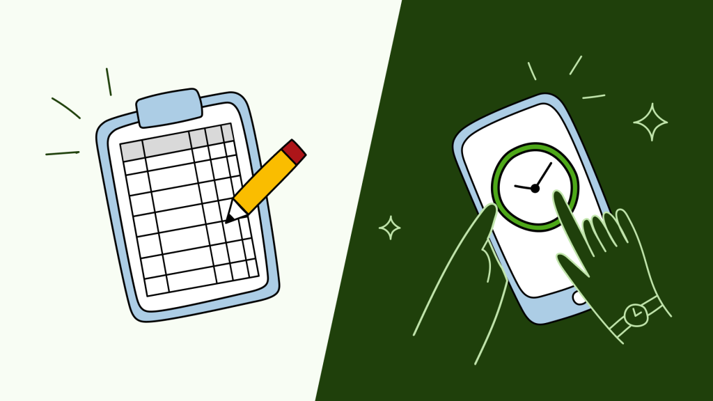 Ilustración de un portapapeles con una hoja de registro de horas escrita a mano junto a un smartphone que muestra un reloj digital de control horario.