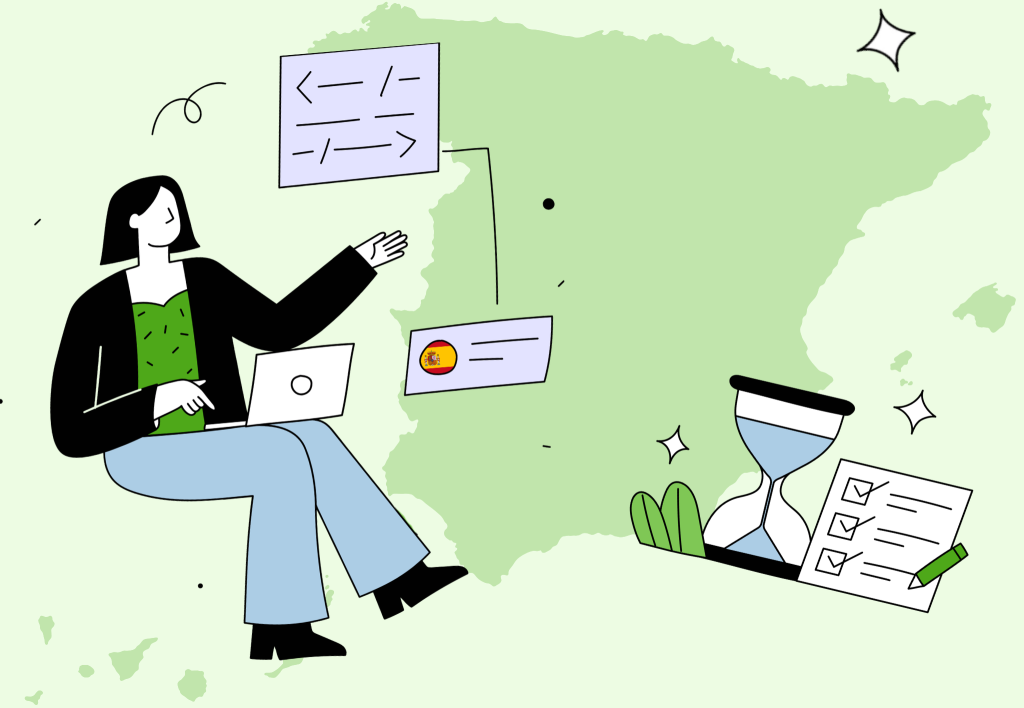 Illustration of an employee using a laptop in front of a map of Spain, with time tracking, checklist, and Spanish flag icons.