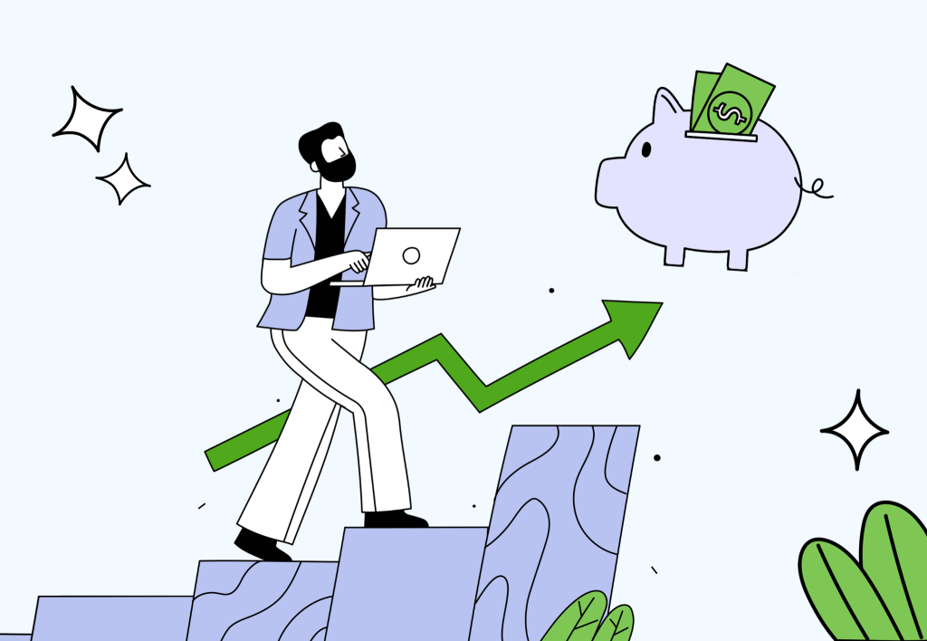 Illustration of AI productivity gains, showing a person with a laptop, an upward arrow, and a piggy bank.