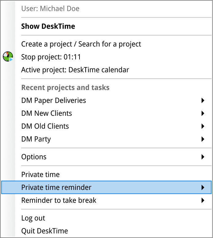 Enabling DeskTime private time.