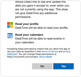 Acceda a su cuenta de Microsoft y pulse Sí para permitir que DeskTime acceda a su calendario