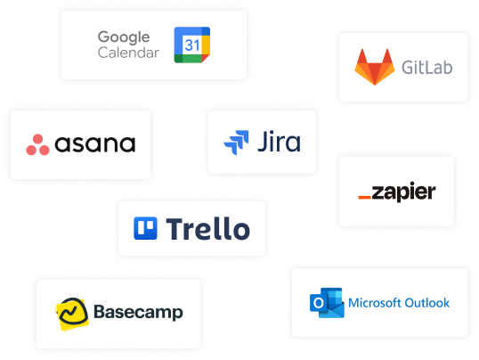 Logotipos de Asana, Jira, Zapier, Trello, Google Calendar, Basecamp, Outlook, Gitlab mostrando las integraciones de DeskTime.