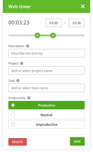 Screenshot of DeskTime's web timer feature